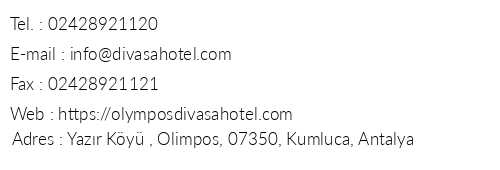 Olympos Divasa Hotel telefon numaralar, faks, e-mail, posta adresi ve iletiim bilgileri